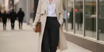 Woman in minimalist chic trench coat and classic attire