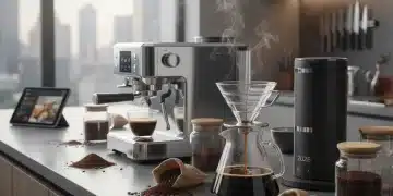 Assortment of modern coffee makers on a kitchen counter, brewing fresh coffee.