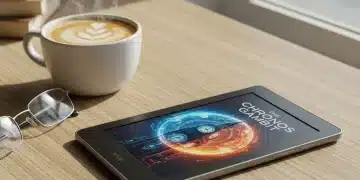 Modern e-reader with book cover display on a wooden table