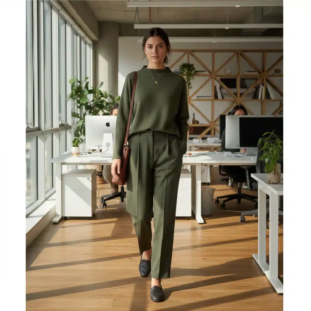 Professional in a comfortable monochromatic outfit, walking through a modern office, embodying minimalist workwear.