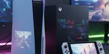 Three next-gen gaming consoles, PlayStation 5, Xbox Series X, Nintendo Switch OLED, on a futuristic gaming desk.