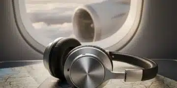 Modern silver noise cancelling headphones with passport and travel map for 2026 travel.