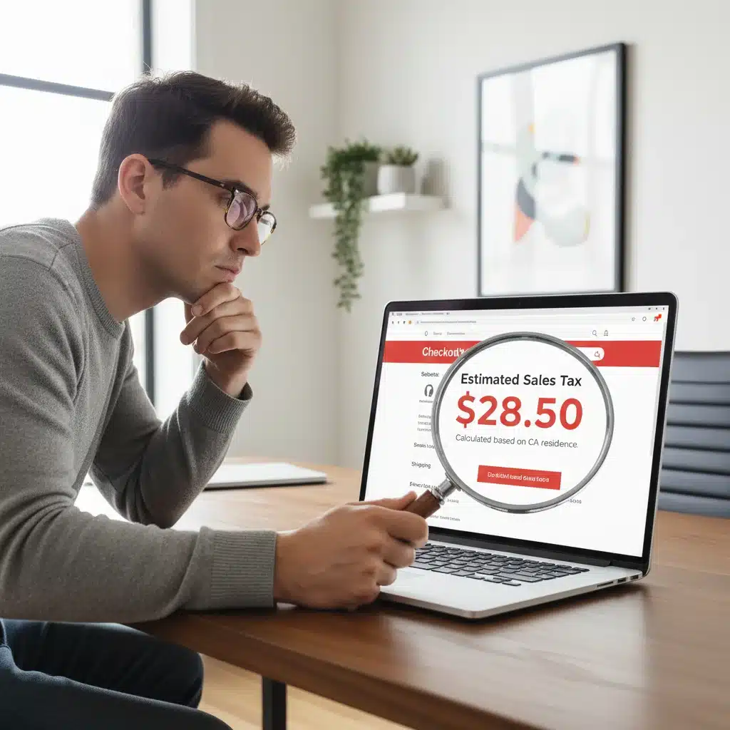 Online shopper reviewing sales tax calculation on an e-commerce checkout page