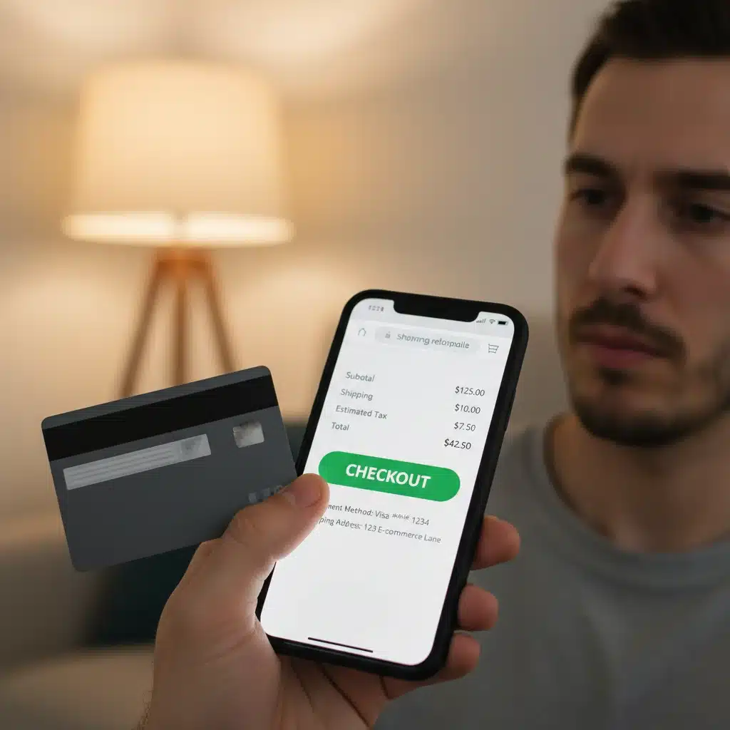 Hand holding credit card, online checkout button, impulse purchase moment, digital shopping