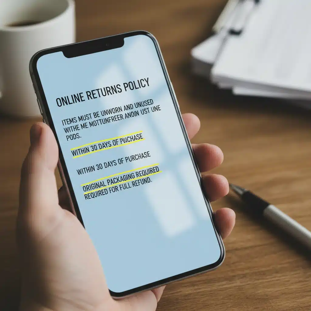 Reviewing online return policy details on a smartphone