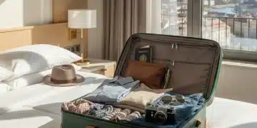 Mastering Travel Packing: 7 Essential Tips for Your 2026 Adventures Open suitcase with neatly packed clothes and travel essentials in a hotel room