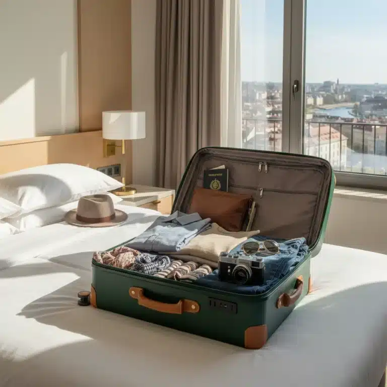 Open suitcase with neatly packed clothes and travel essentials in a hotel room