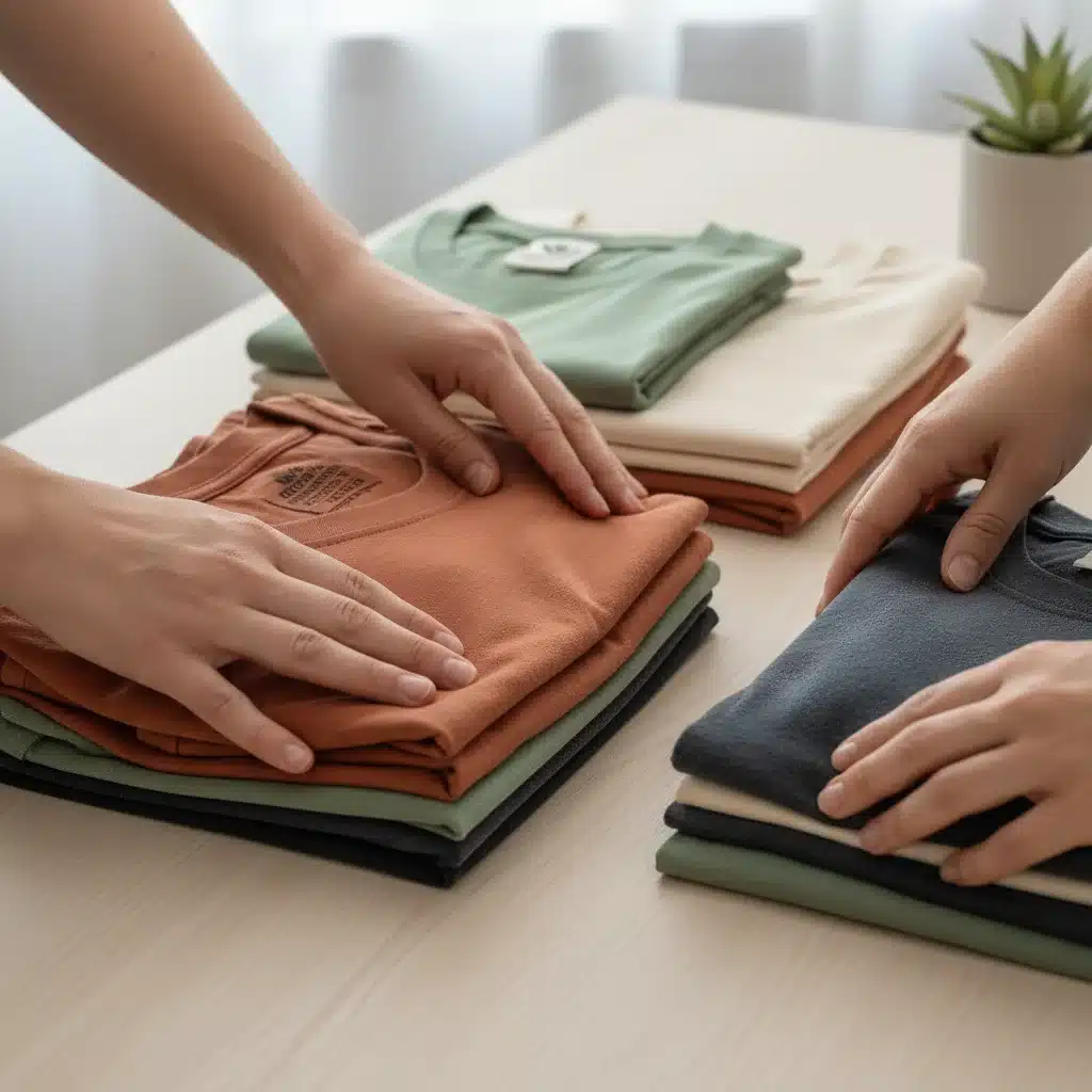 Hands folding organic cotton t-shirts, showcasing sustainable fabric quality and ethical clothing choices.