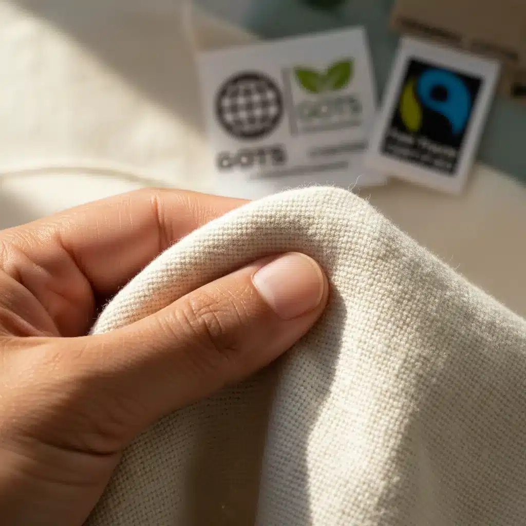 Hand touching organic cotton fabric with blurred ethical certifications in the background.