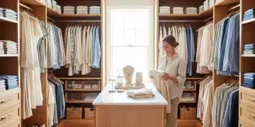 Organized walk-in closet with neatly folded clothes and storage, representing a decluttered wardrobe.