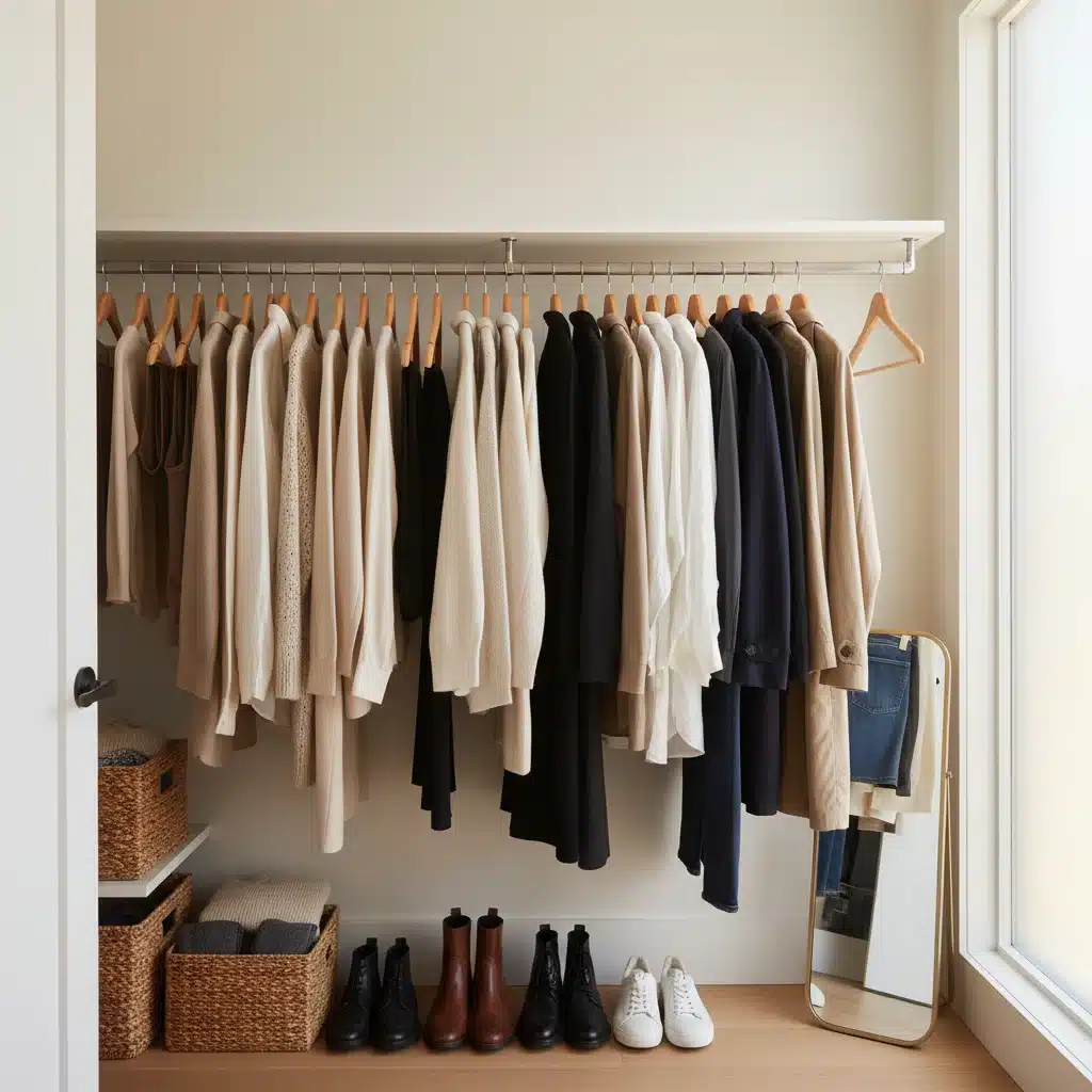 Organized minimalist closet showcasing a streamlined capsule wardrobe.