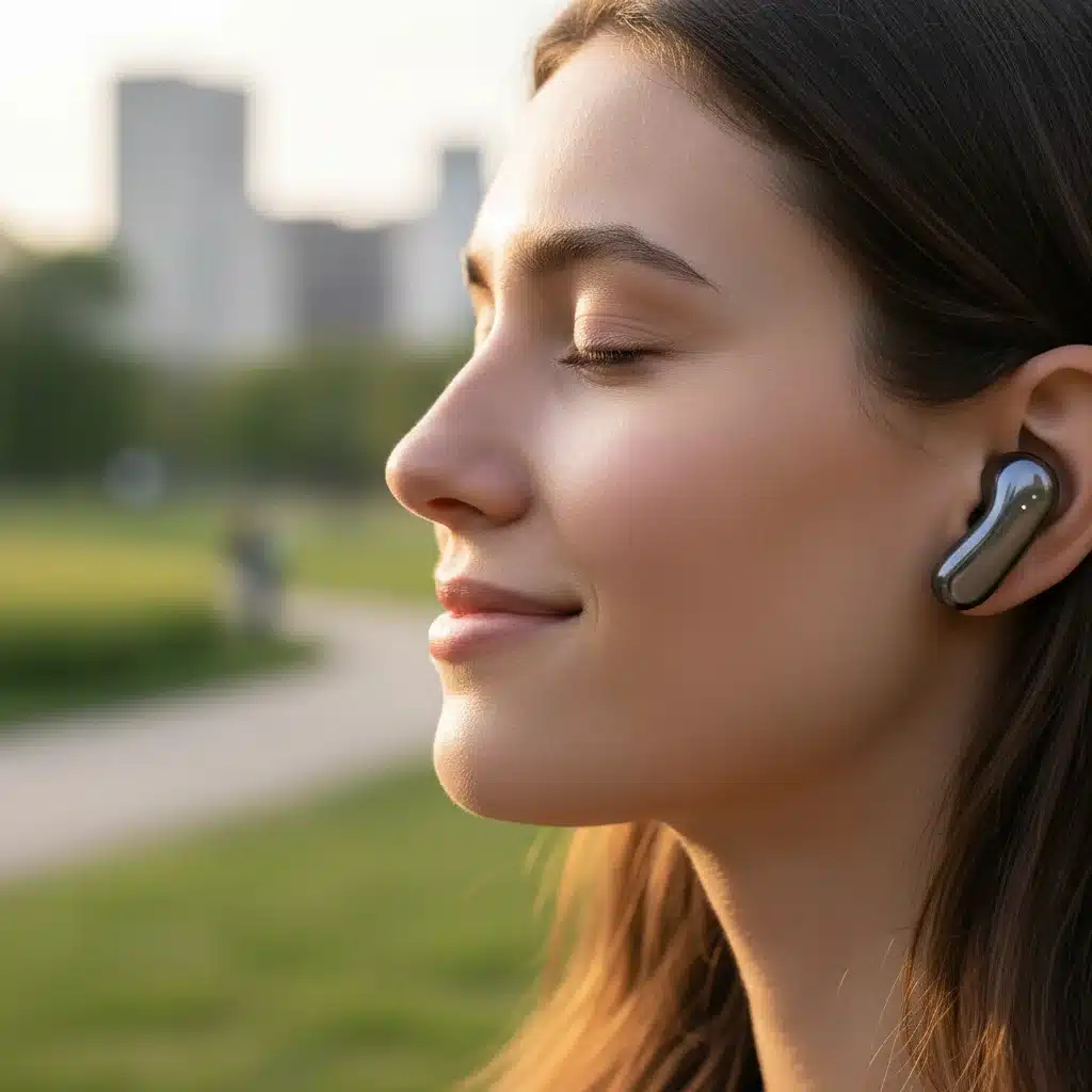 Person enjoying music with ergonomic wireless earbuds, demonstrating comfort and style in an outdoor setting.