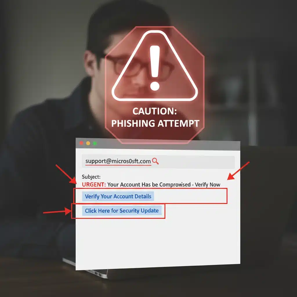 Phishing email warning with suspicious links and red alert icon
