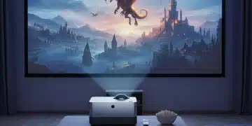 Modern portable projector displaying a movie scene in a living room.