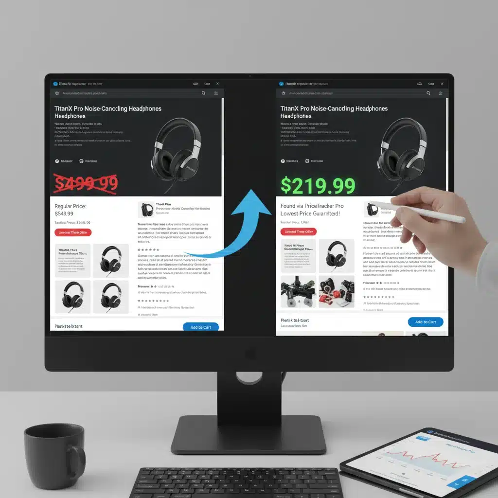 Split screen comparing high and low product prices, illustrating price tracking effectiveness.
