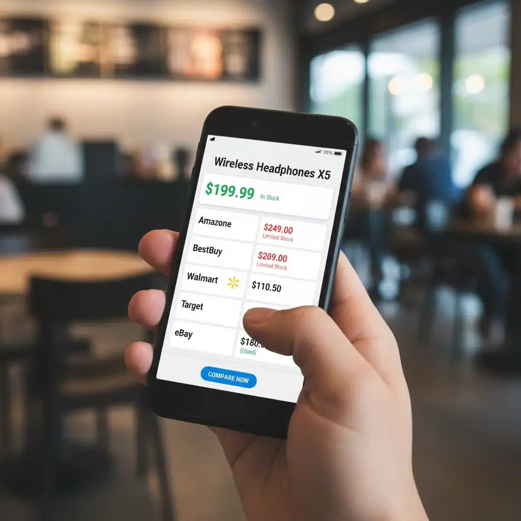 Hand holding smartphone showing price comparison feature on a shopping app.
