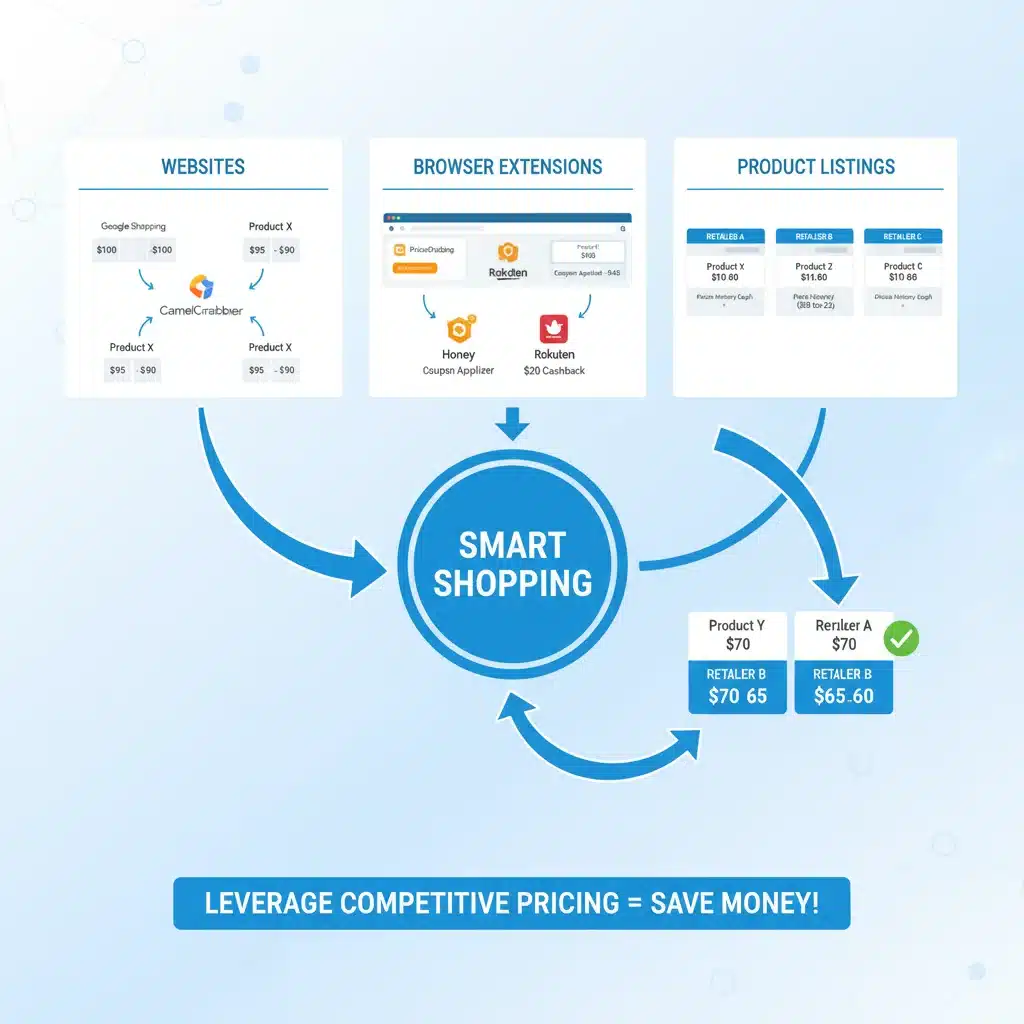 Infographic showing price comparison tools and strategies
