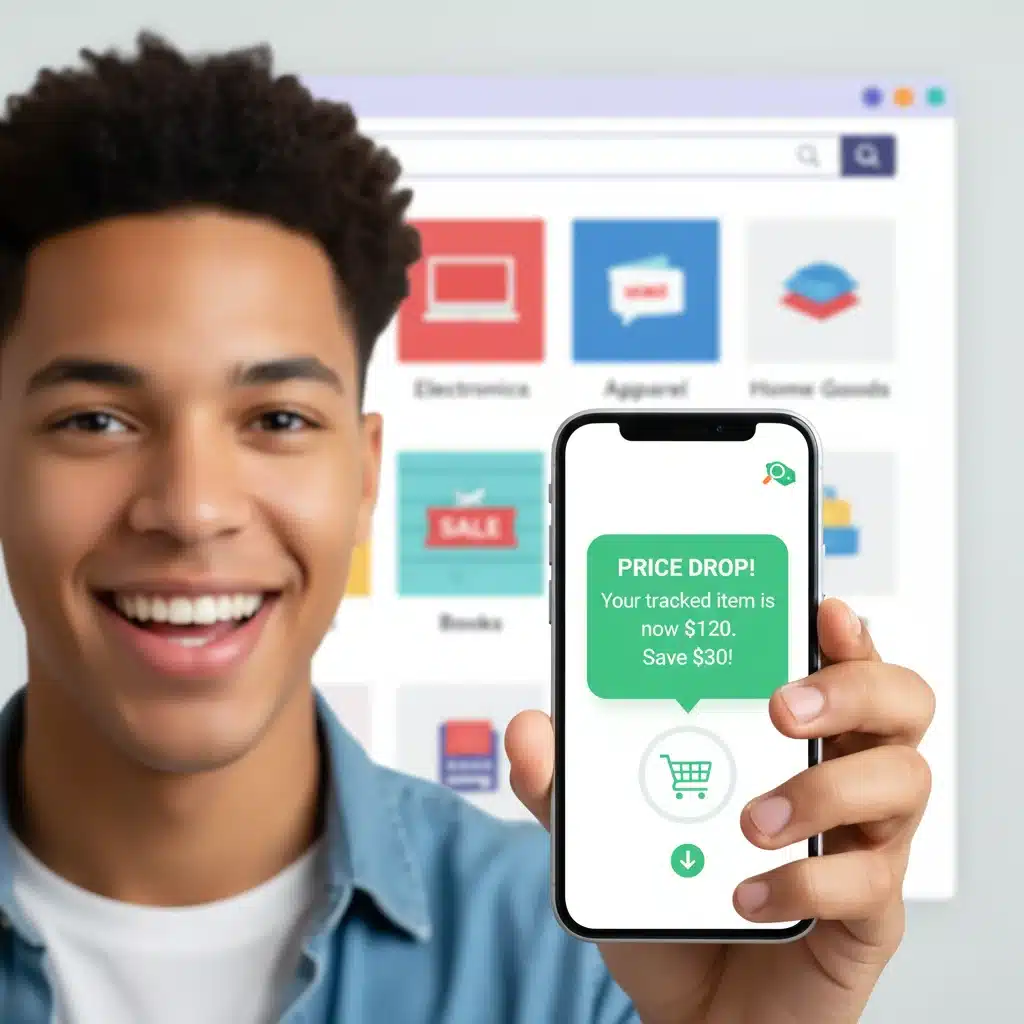 Happy user receiving a price drop notification on a smartphone, showing successful price tracking.
