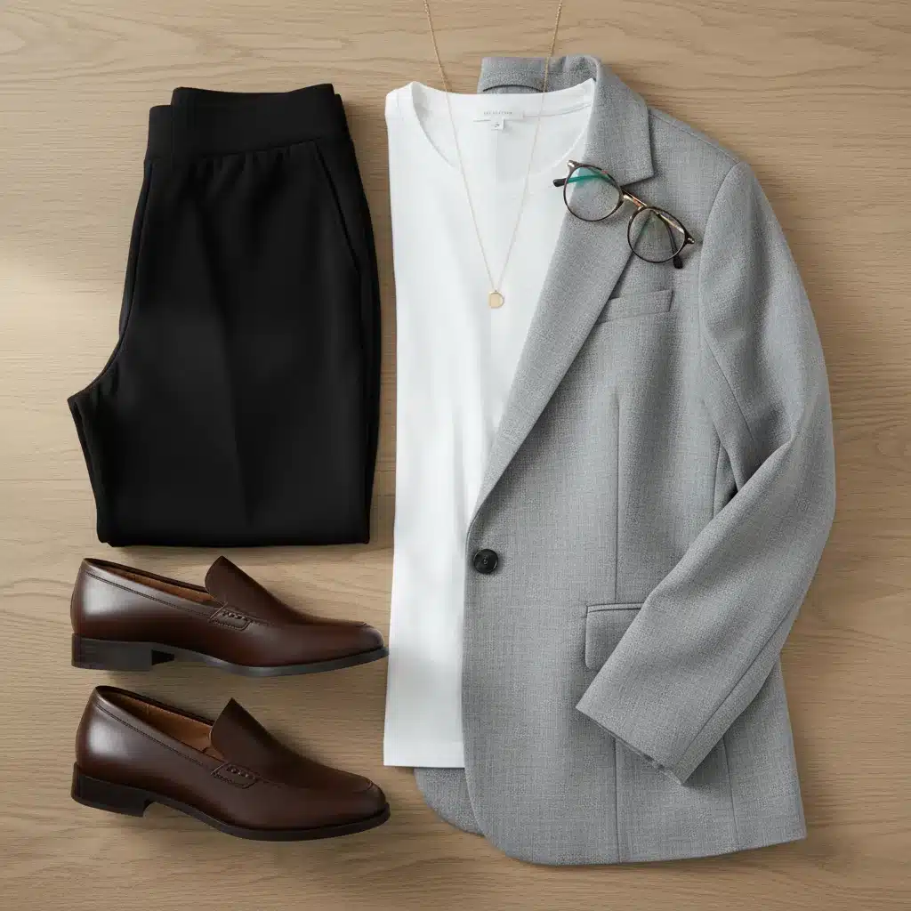Flat lay of professional comfort work from home outfit