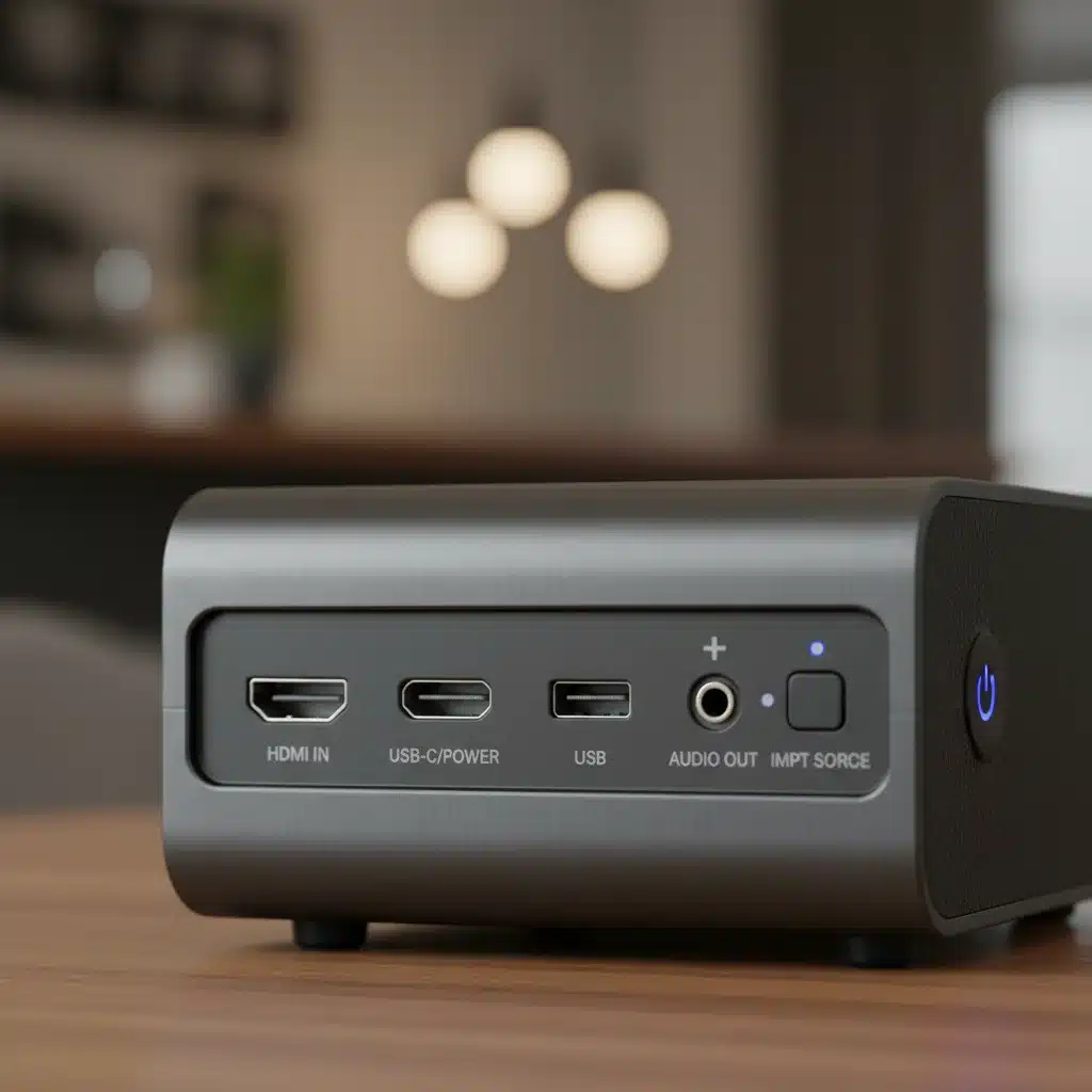 Close-up of portable projector connectivity ports and interface.
