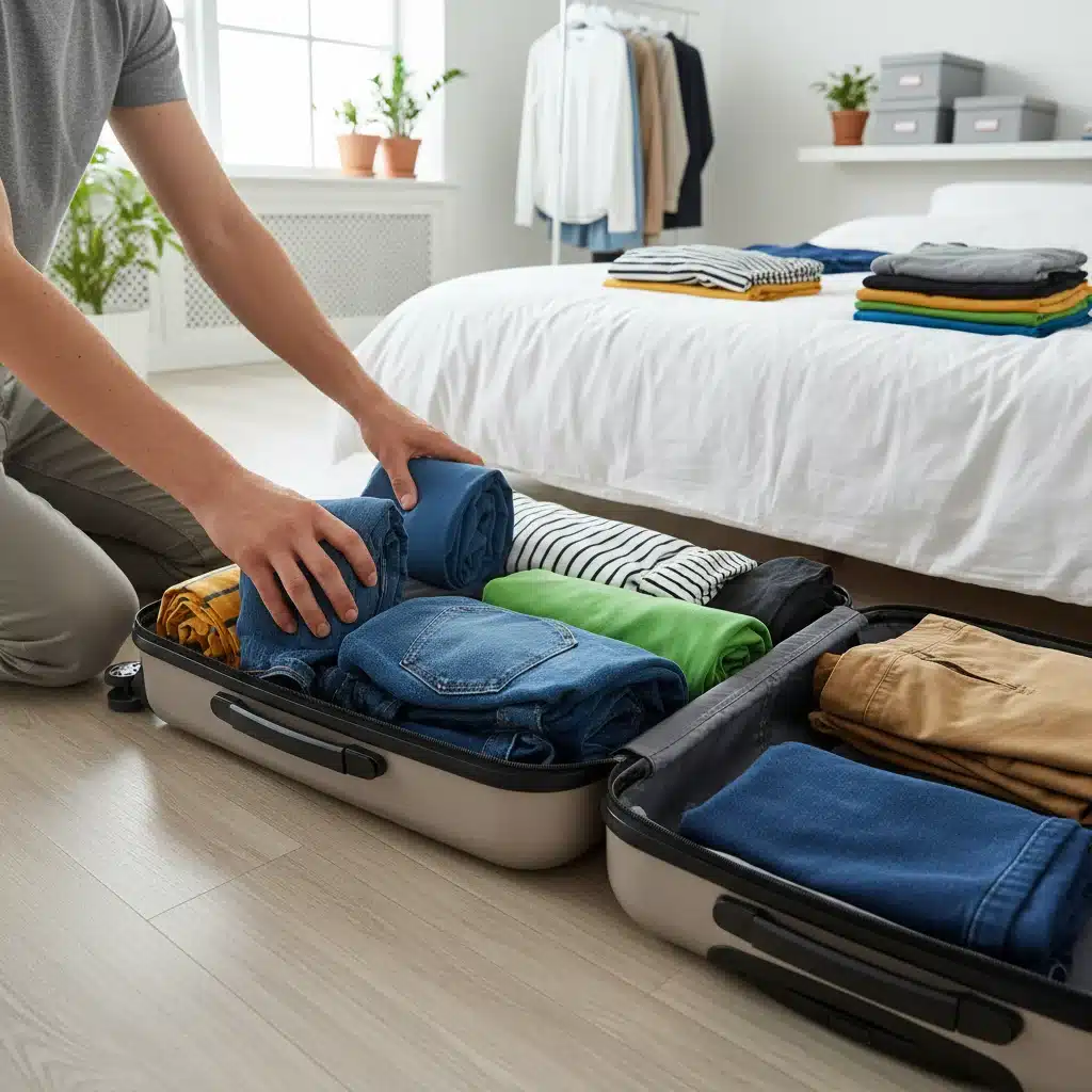 Person demonstrating rolling clothes for efficient packing in a suitcase