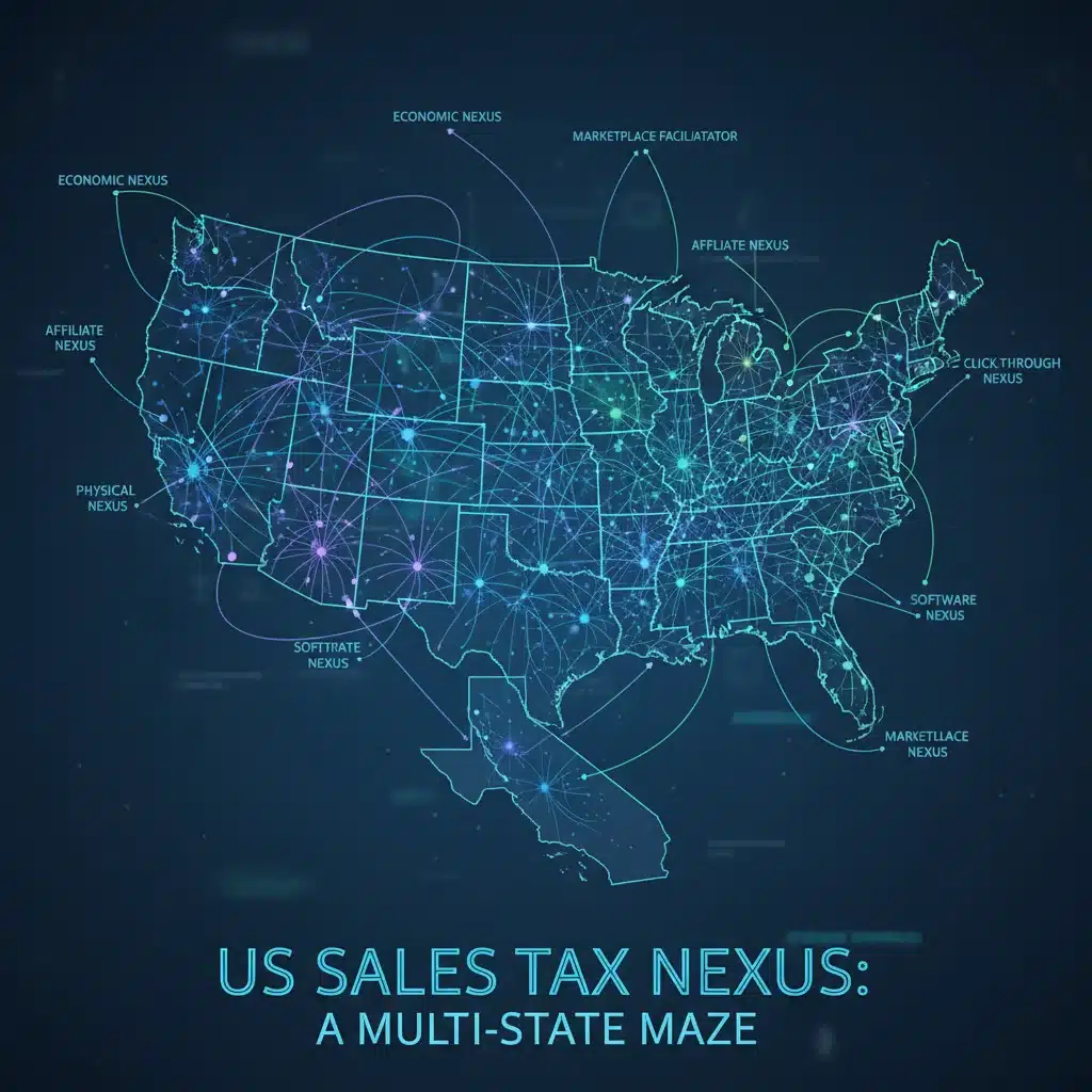 Complex network illustrating multi-state sales tax nexus rules and regulations