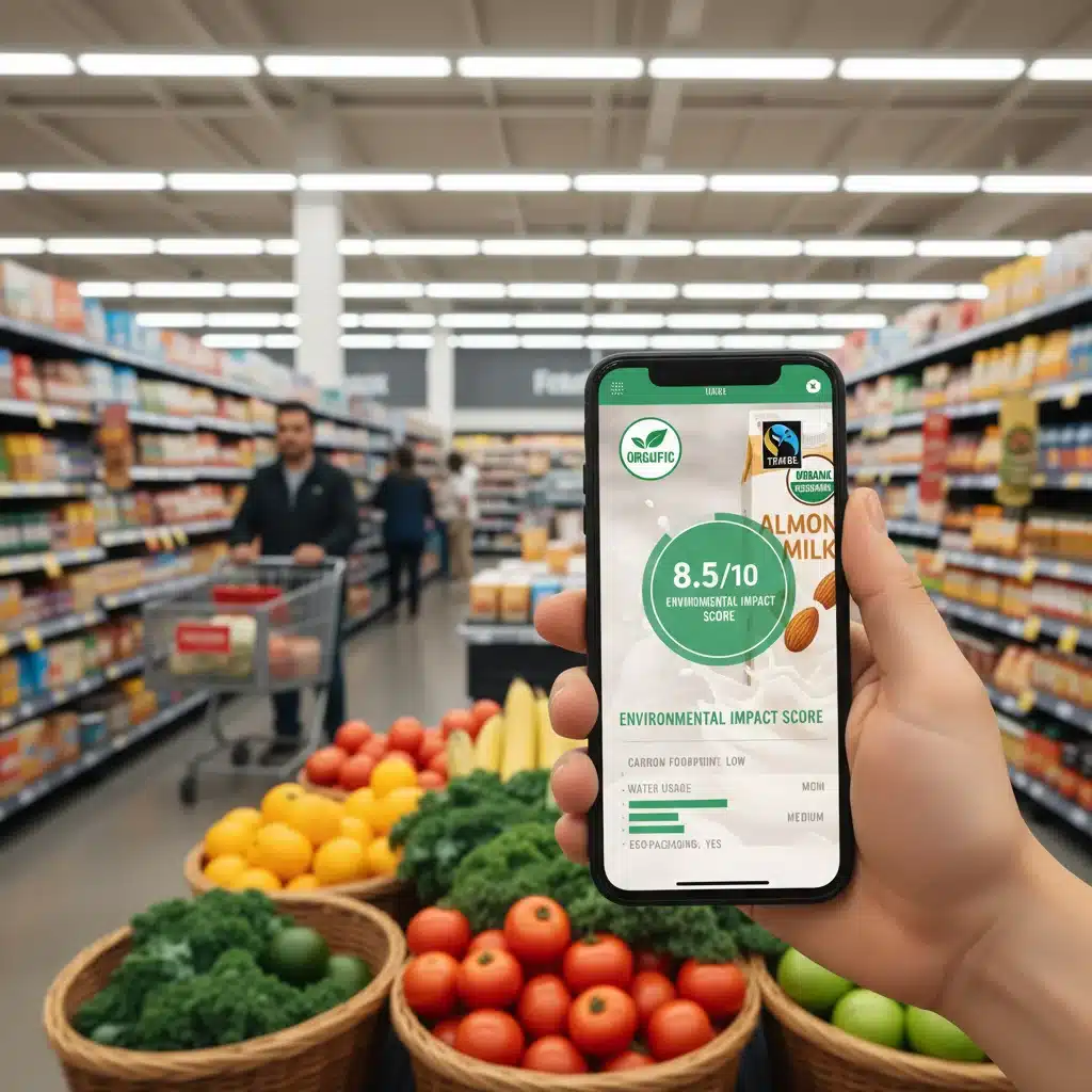 Consumer using a smartphone app to verify sustainable product certifications while shopping.