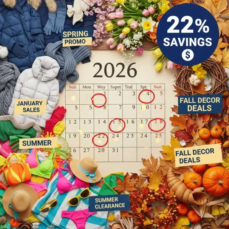 Seasonal shopping calendar with highlighted savings and diverse product categories for 2026