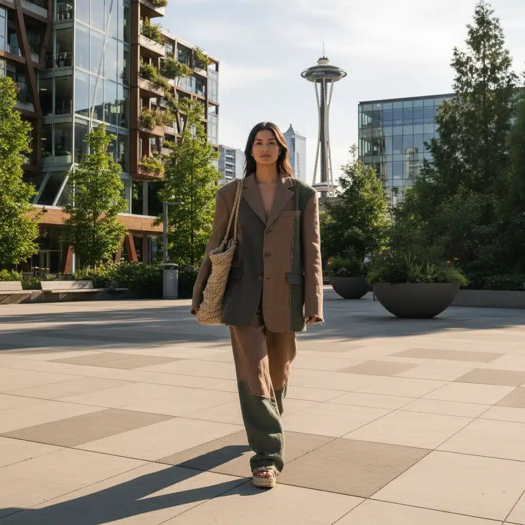 Minimalist sustainable fashion in muted earth tones, Seattle street style.