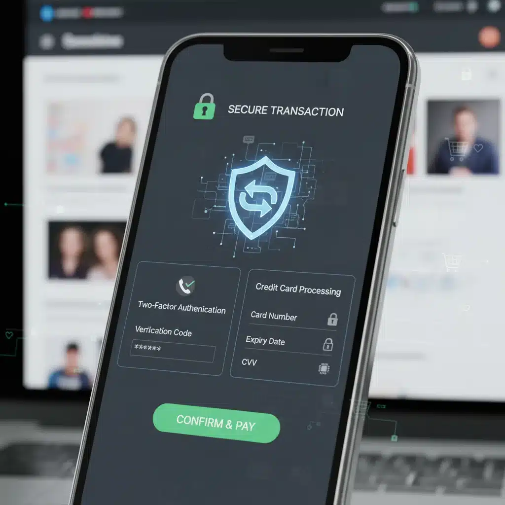 Secure mobile payment gateway with encryption and green lock icon