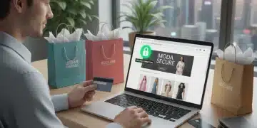 Secure online shopping on laptop with padlock icon and shopping bags