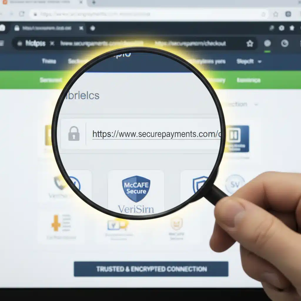 Magnifying glass on website URL with HTTPS and padlock icon.