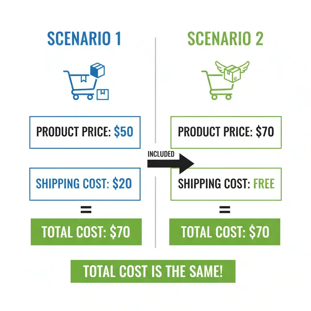 Comparison chart of total costs with and without 'free shipping' to show actual savings