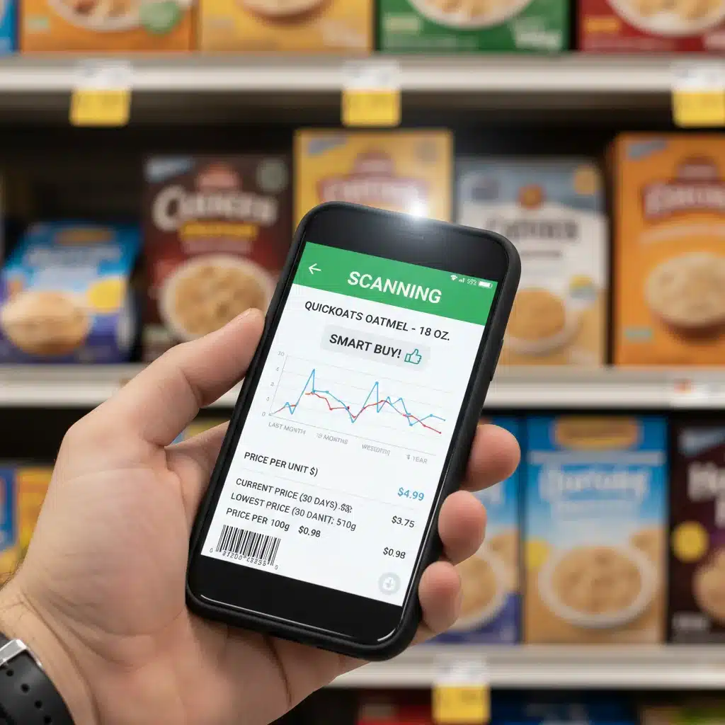 Person scanning grocery product barcode with smartphone app displaying price history.