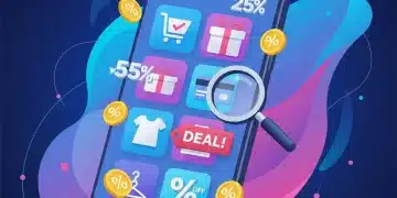 Smartphone displaying shopping apps with money-saving icons and discount symbols, representing smart shopping.