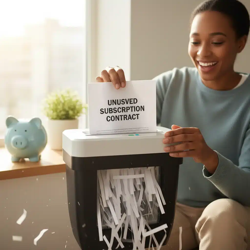 Person shredding unused subscription contract, symbolizing savings