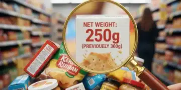 Magnifying glass over a product label showing reduced weight, symbolizing shrinkflation in US groceries.