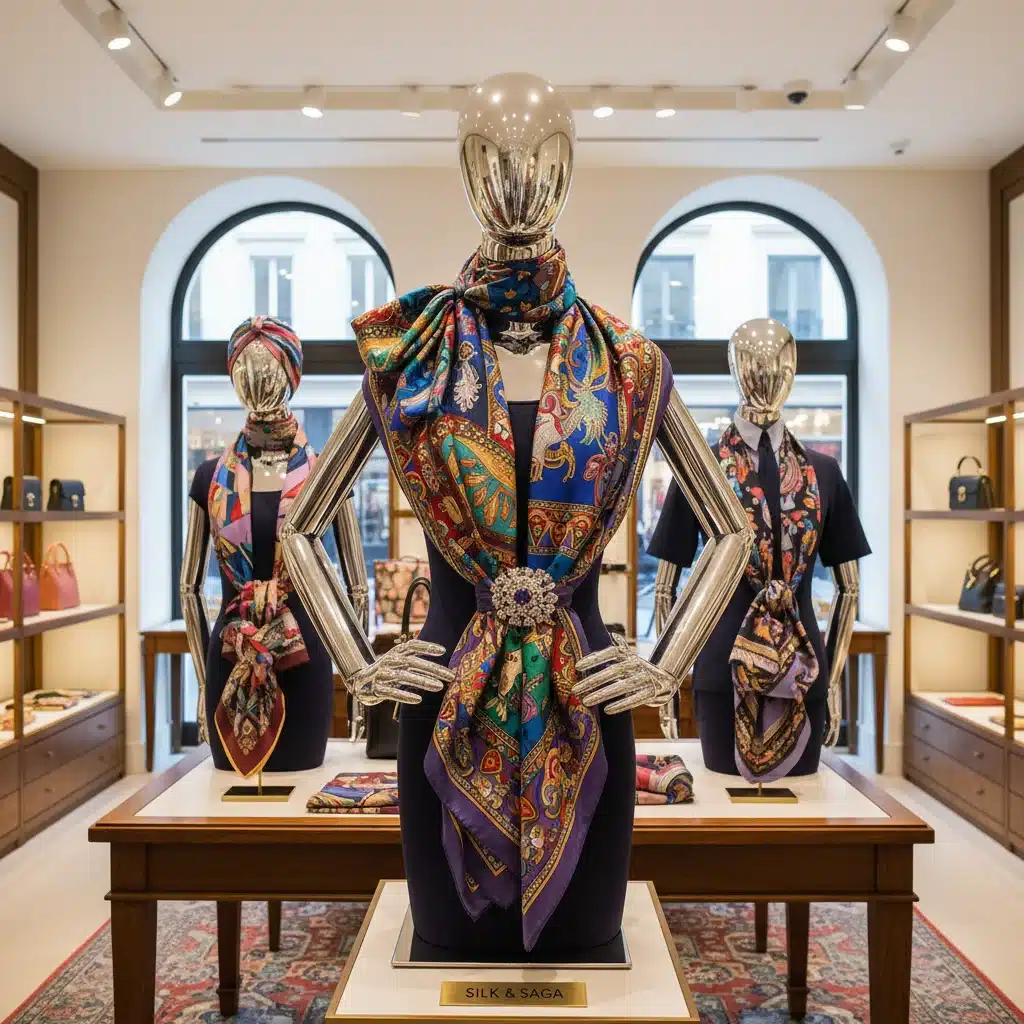 Vibrant patterned silk scarf elegantly draped on a mannequin, showcasing styling