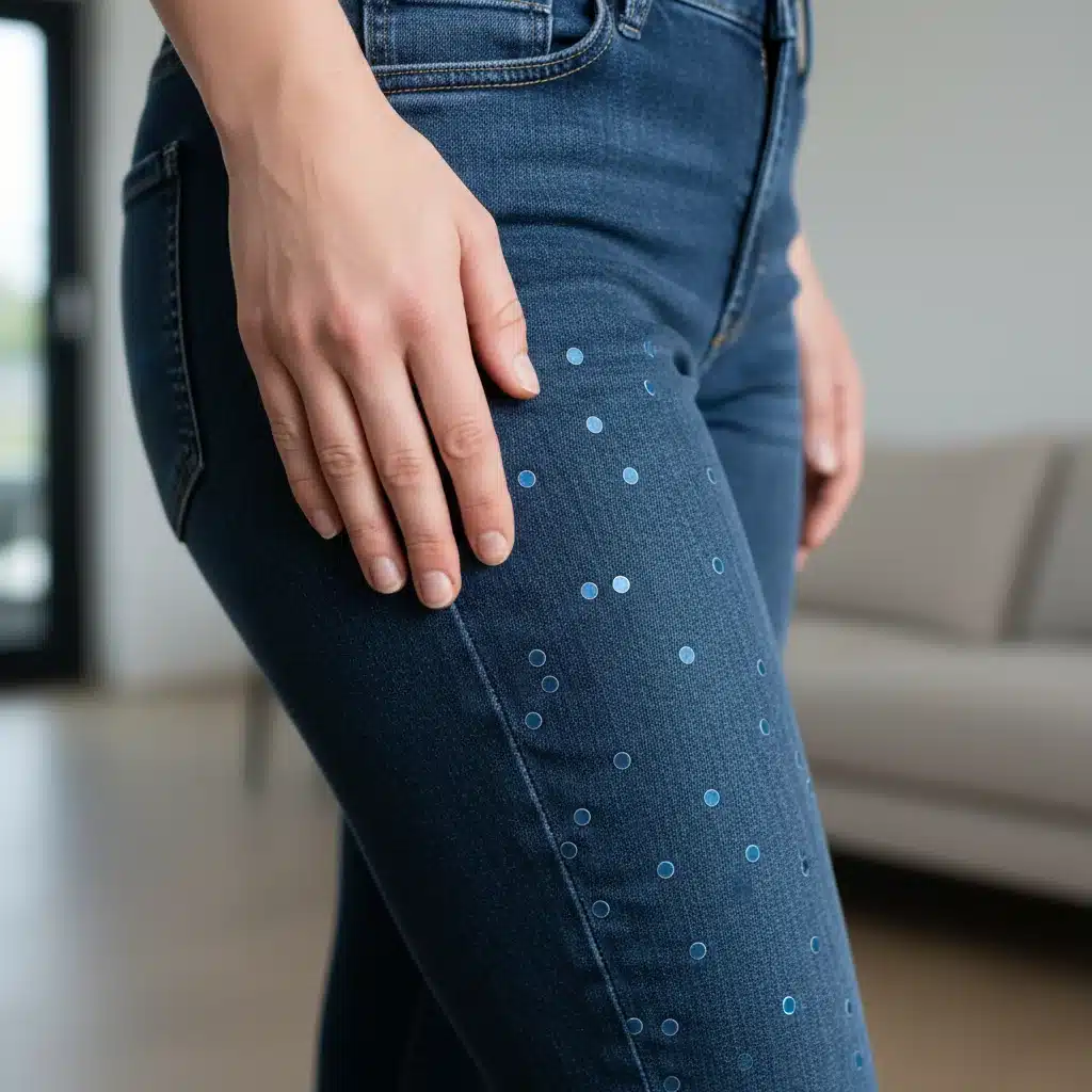 Close-up of innovative smart denim fabric with advanced comfort features.