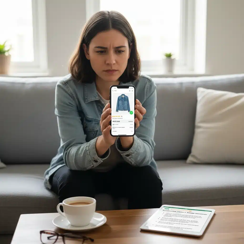 Person using smartphone to research and compare clothing items for smart buying.