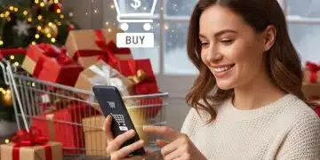Person looking at phone, shopping cart, gifts, holiday decorations, smart shopping, saving money
