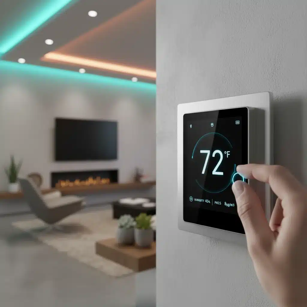 Close-up of a smart thermostat displaying climate data and a hand adjusting settings
