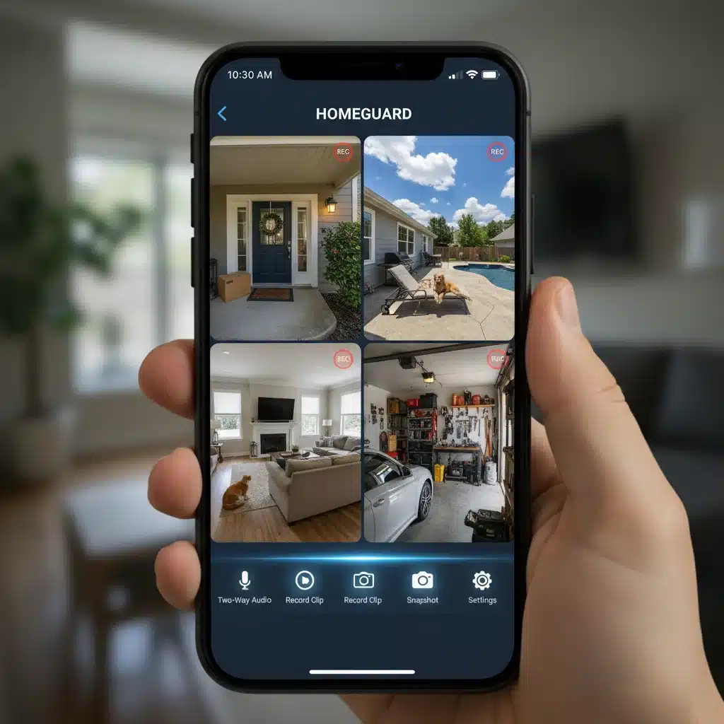 Smartphone app showing live feeds from multiple smart security cameras