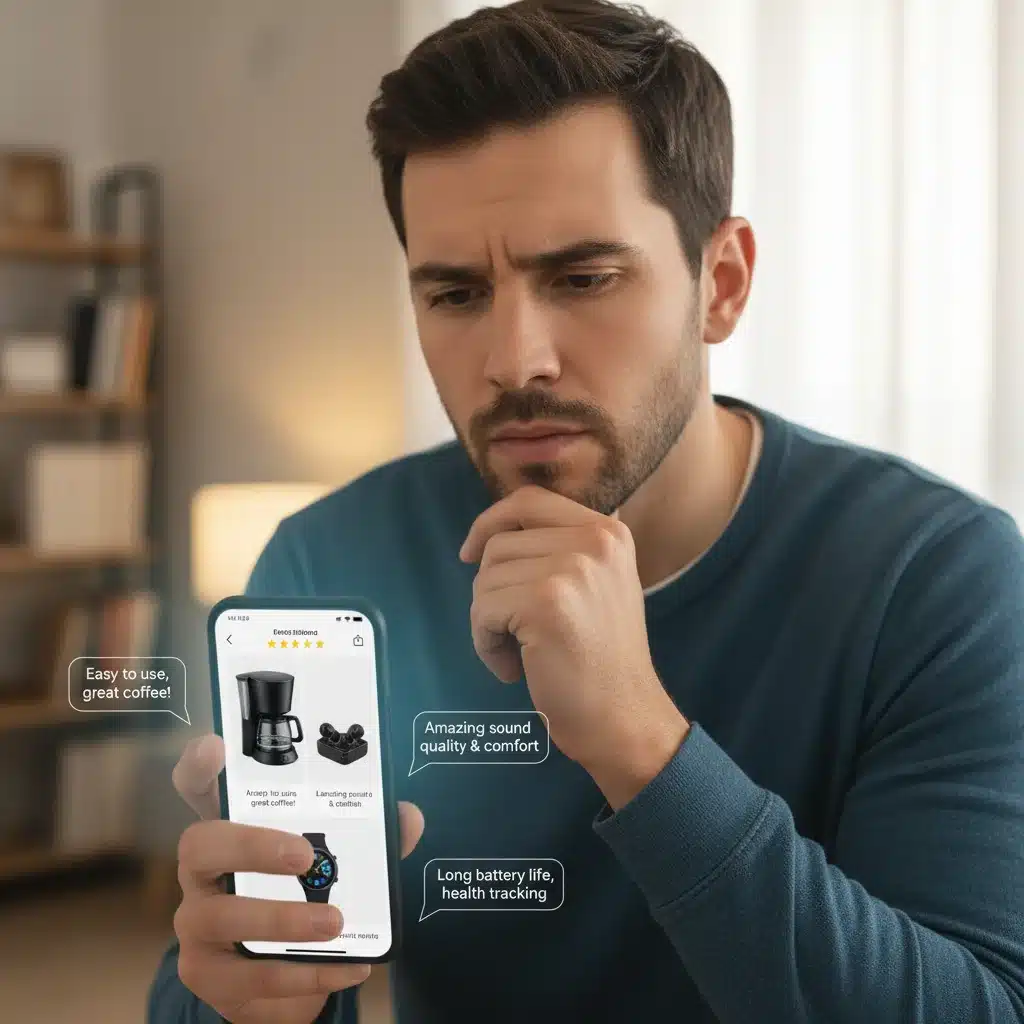 Person thoughtfully analyzing product reviews on a smartphone