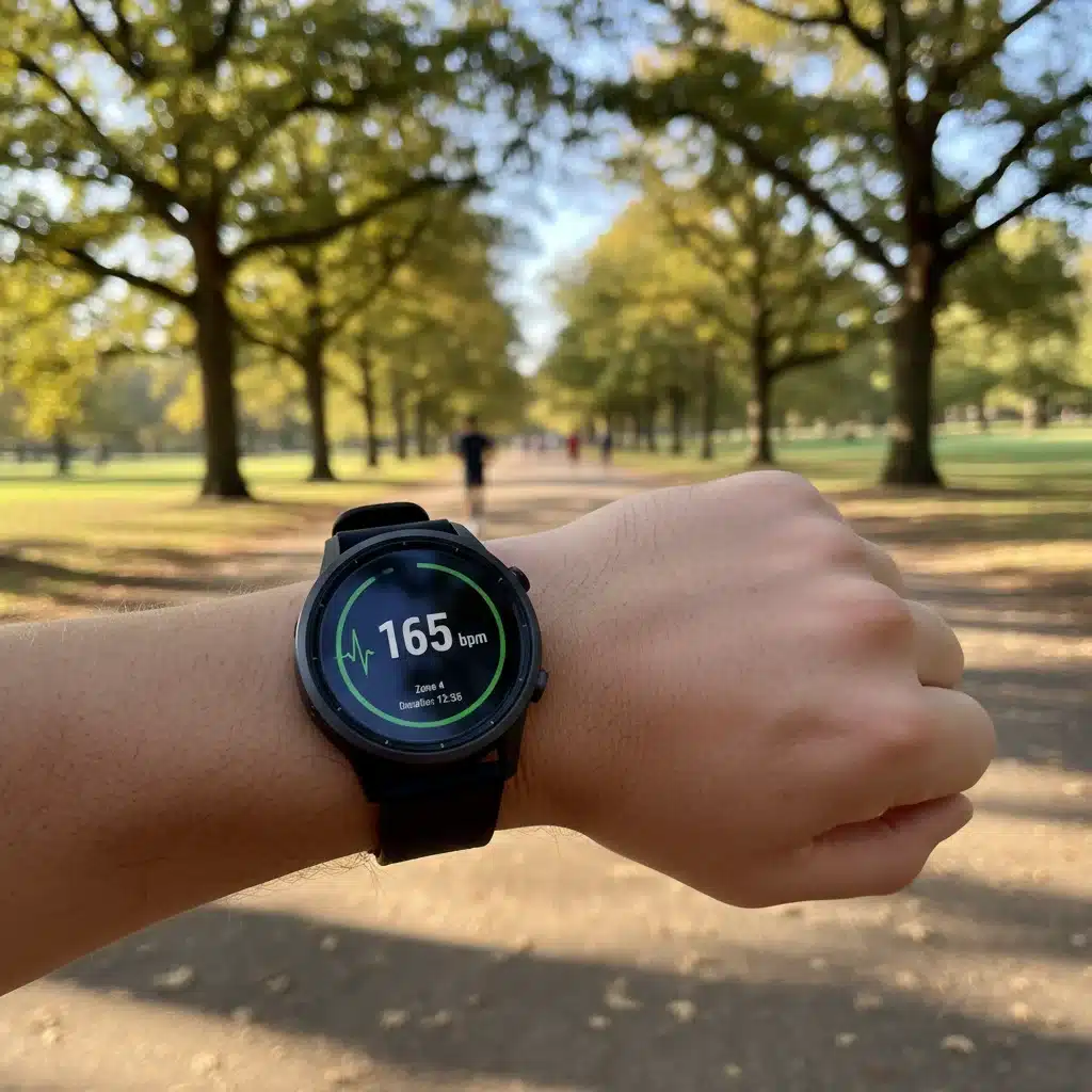 Smartwatch displaying real-time heart rate during outdoor run