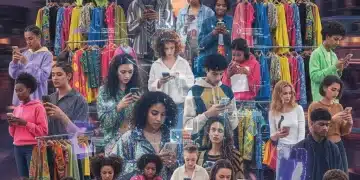 Social Media's Impact on Fast Fashion: 3-Month US Surge People interacting with social media on phones, surrounded by fast fashion clothing items, representing the rapid influence of digital trends on the fashion industry.