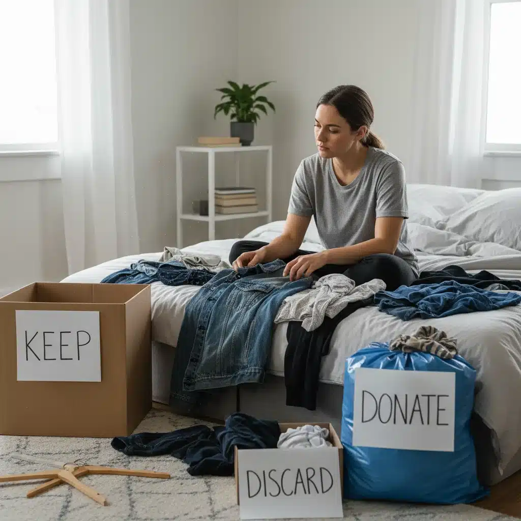 Person sorting through clothes on a bed, making decisions for decluttering.