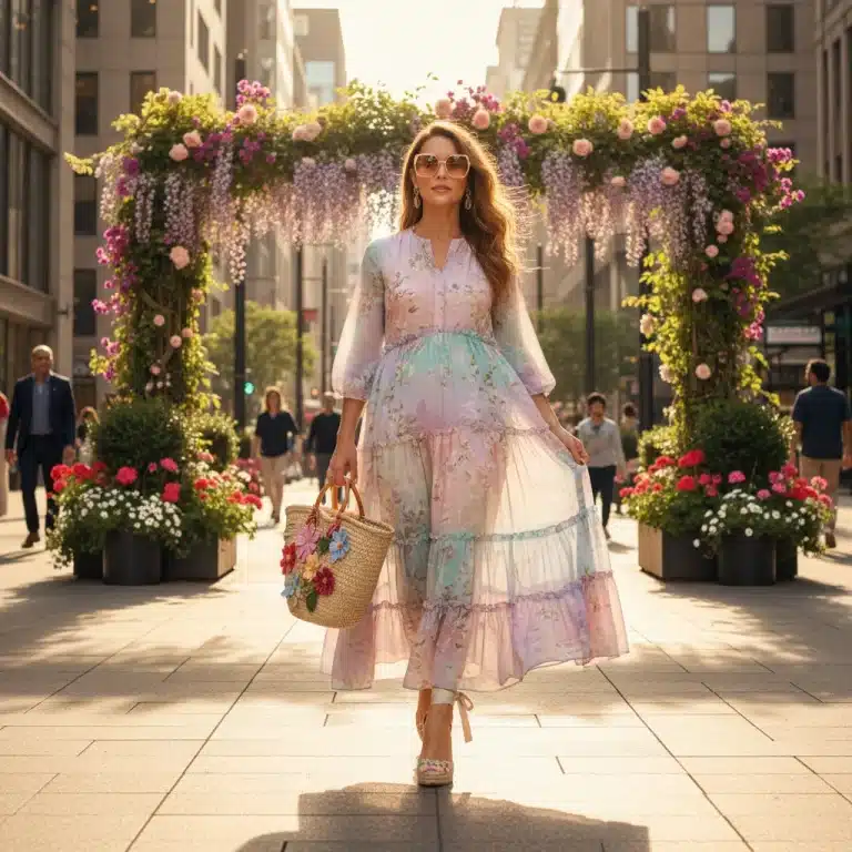 Stylish woman in pastel dress, spring summer fashion 2026
