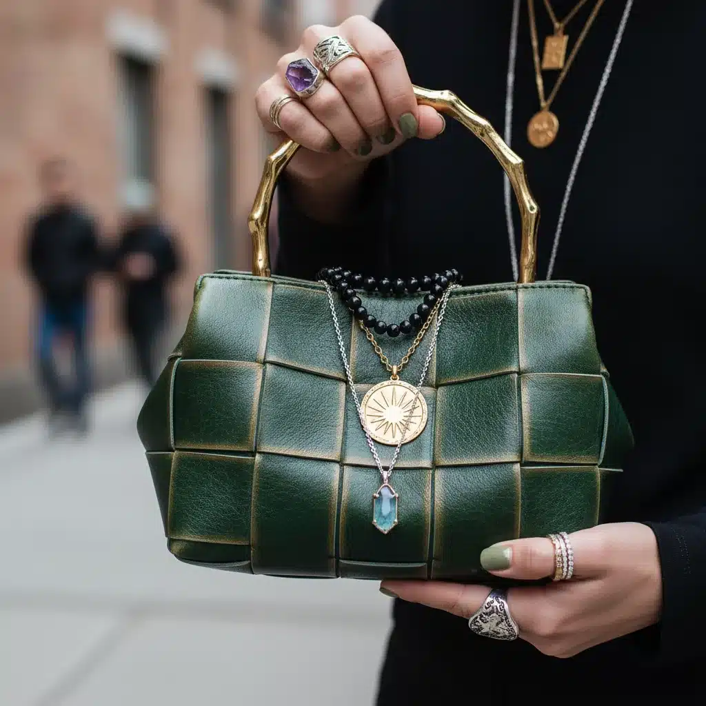 Close-up of stylish accessories, including a unique handbag and layered jewelry, on a street style influencer.