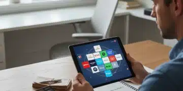 Person auditing subscriptions on tablet, calculating savings